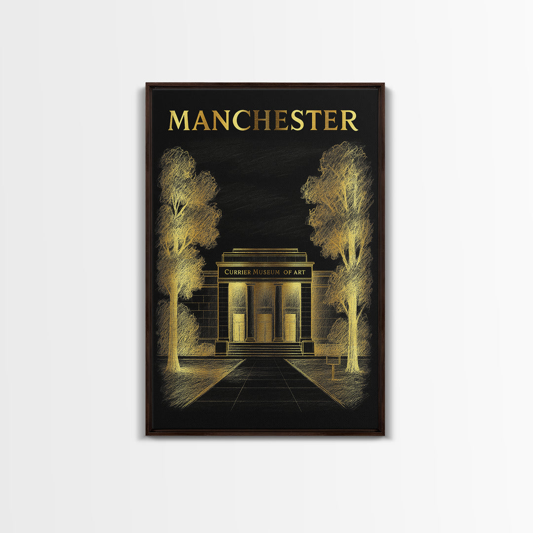Manchester New Hampshire Travel Poster, Canvas Print, Black And Gold Line Art, Manchester Wall Art, Art Print, Wall Decor, Travel Poster Set