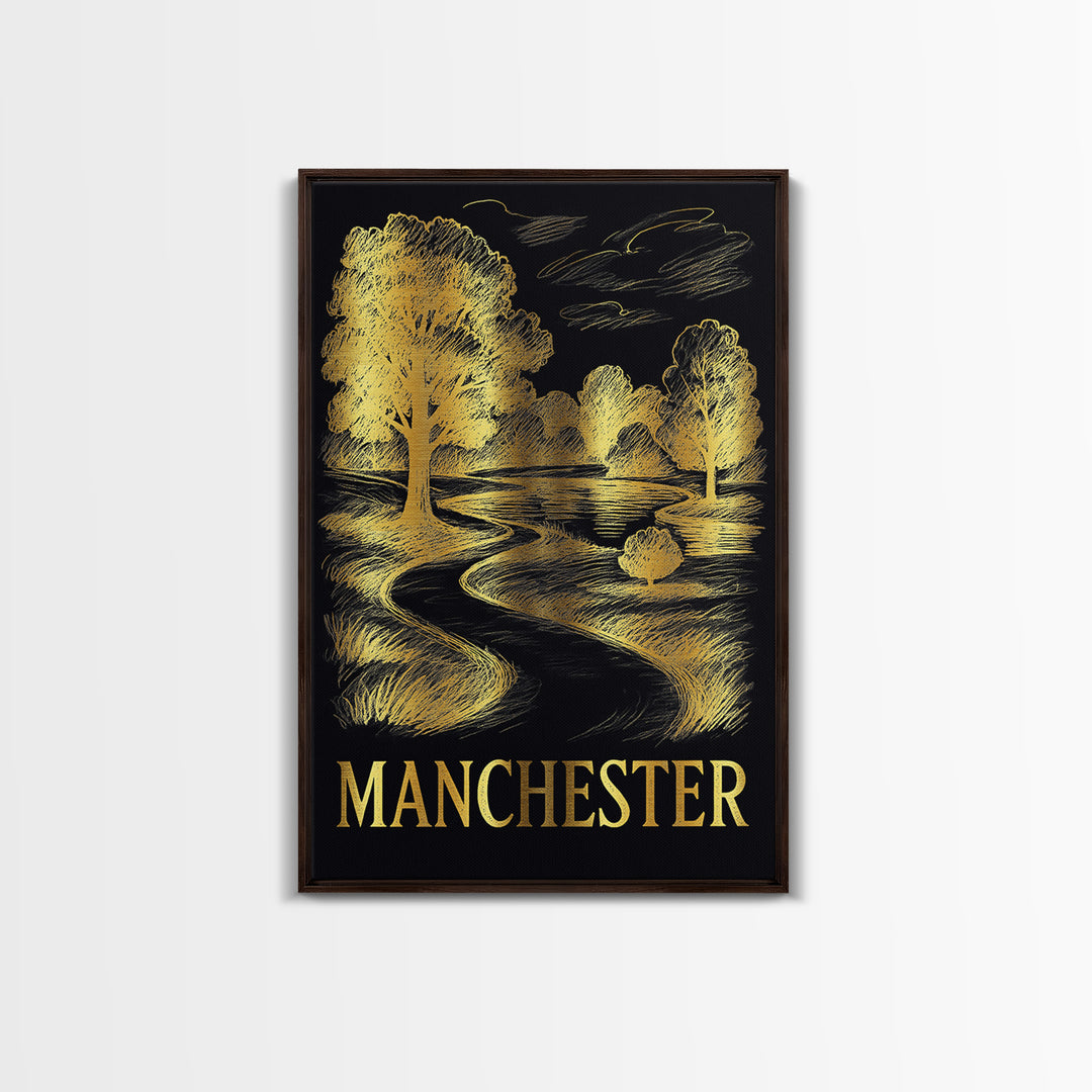 Manchester Travel Poster, Framed Canvas Print, Black And Gold Line Art, Manchester Art Print, Living Room Wall Art, Vintage Travel Print