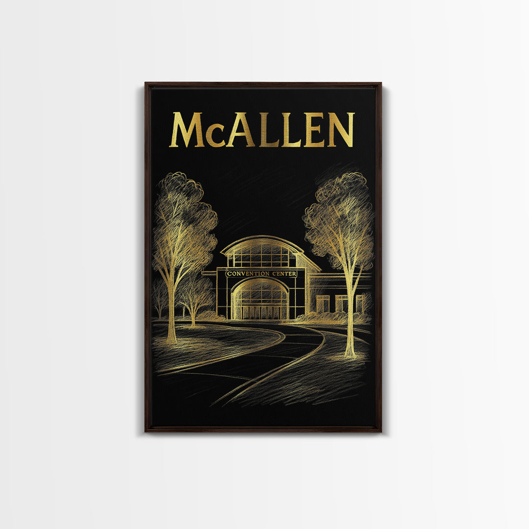 Mcallen Texas Travel Poster, Framed Canvas Print, Black And Gold Line Art, Mcallen Poster Print, Wanderlust Decor, Living Room Wall Art