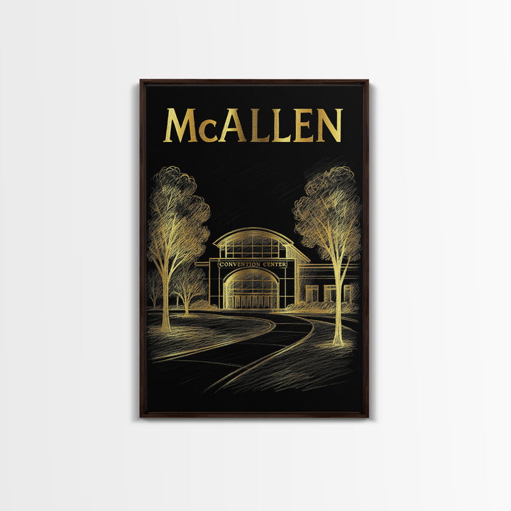 Mcallen Texas Travel Poster, Framed Canvas Print, Black And Gold Line Art, Mcallen Poster Print, Wanderlust Decor, Living Room Wall Art