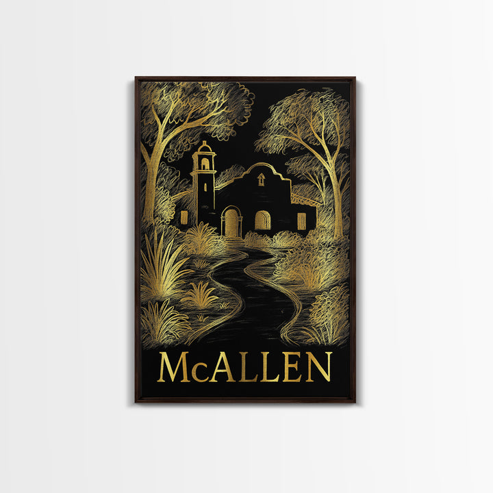 Mcallen Travel Poster, Framed Canvas Print, Black And Gold Line Art, Mcallen Travel Art, Fine Art Print, Travel Wall Decor, Retro Poster