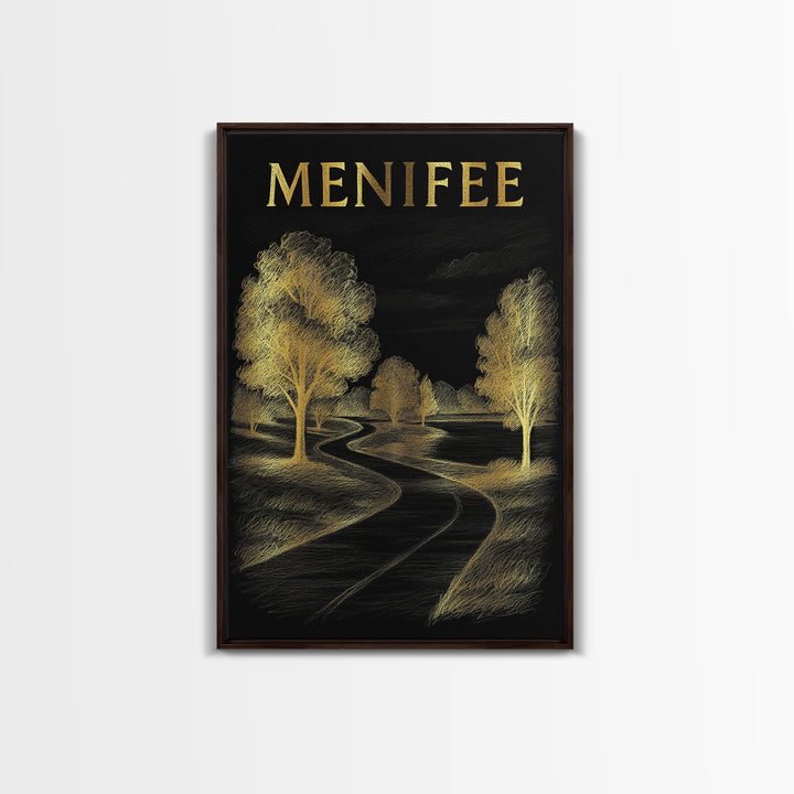 Menifee California Travel Poster, Canvas Print, Black And Gold Line Art, Menifee Art Print, Travel Prints, Vintage City Art, Travel Wall Art
