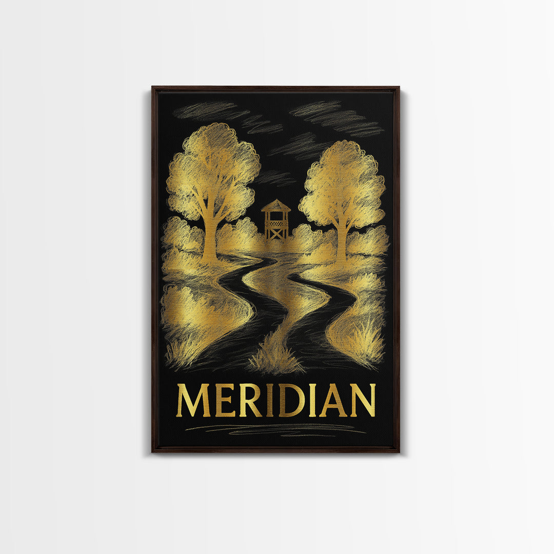 Meridian Travel Poster, Framed Canvas Print, Gold Sketch Wall Art, Meridian Wall Art, City Travel Prints, Vintage Travel Print