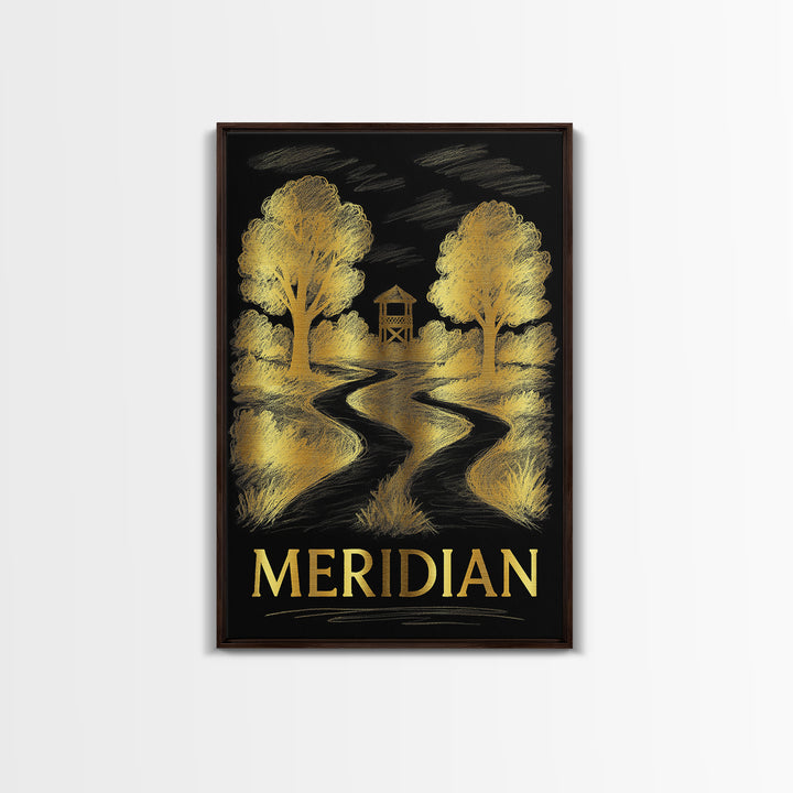 Meridian Travel Poster, Framed Canvas Print, Gold Sketch Wall Art, Meridian Wall Art, City Travel Prints, Vintage Travel Print