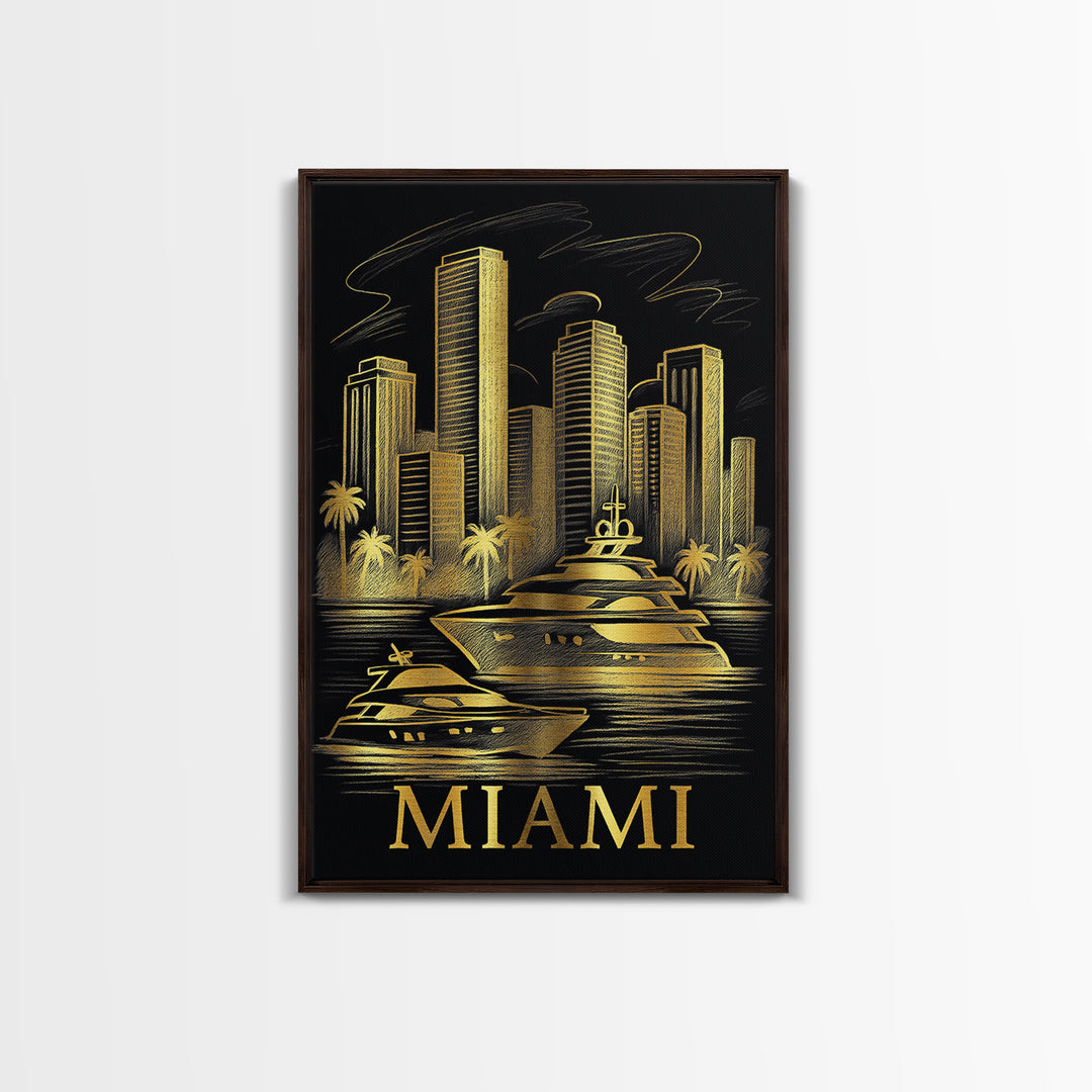 Miami Travel Poster, Framed Canvas Print, Elegant Gold City Art, Miami Travel Art, Fine Art Print, Gift For Travelers, City Art Print