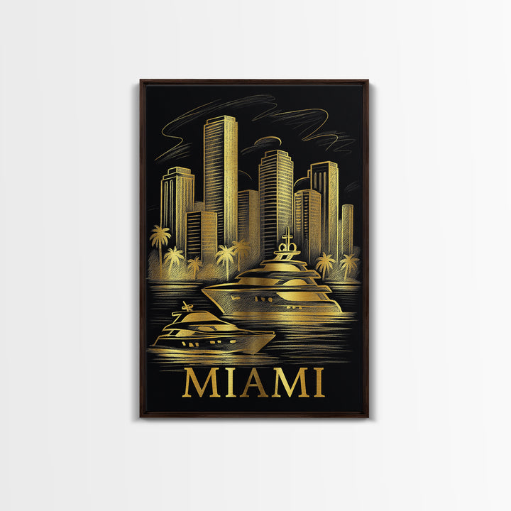 Miami Travel Poster, Framed Canvas Print, Elegant Gold City Art, Miami Travel Art, Fine Art Print, Gift For Travelers, City Art Print