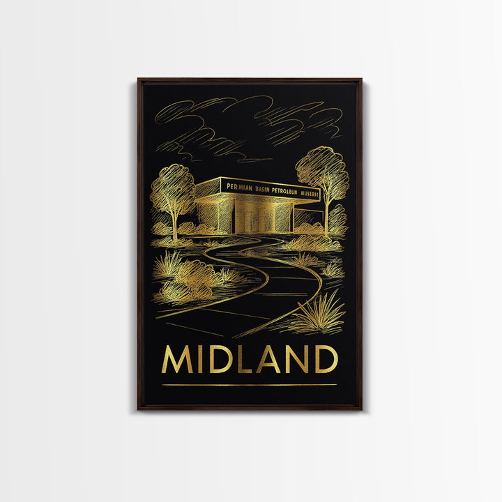 Midland Travel Poster, Framed Canvas Print, Dark Background Poster Art, Midland City Art, Vintage City Art, Vintage City Poster