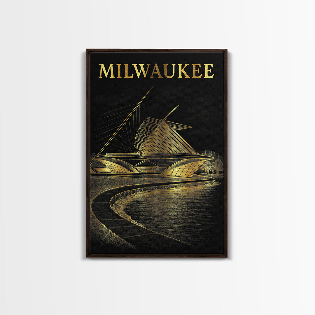 Milwaukee Wisconsin Travel Poster, Canvas Print, Elegant Gold City Art, Milwaukee Poster Print, Mid Century Wall Art, Vintage Travel Art