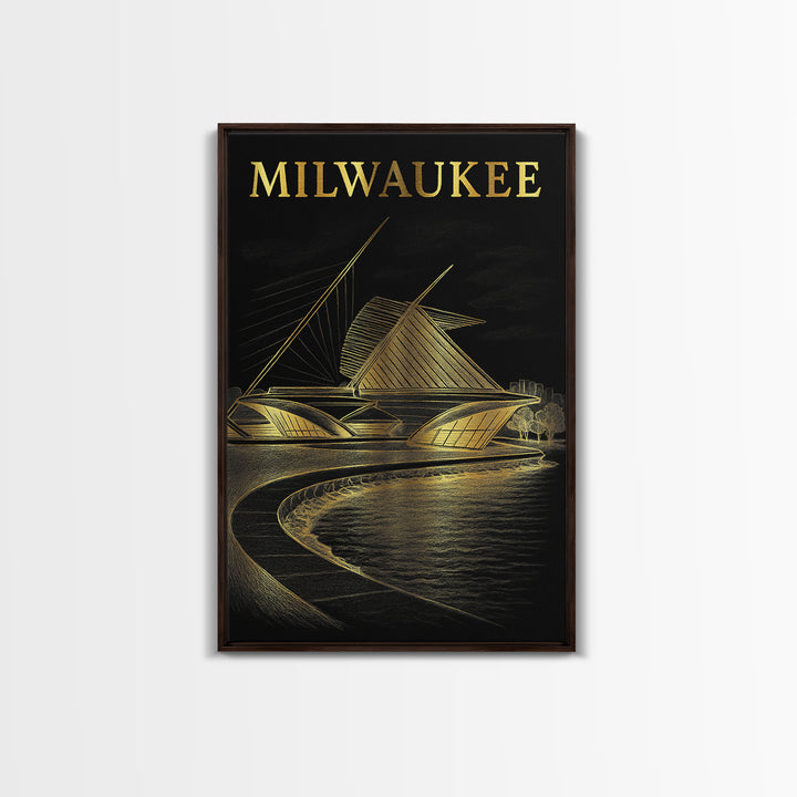 Milwaukee Wisconsin Travel Poster, Canvas Print, Elegant Gold City Art, Milwaukee Poster Print, Mid Century Wall Art, Vintage Travel Art