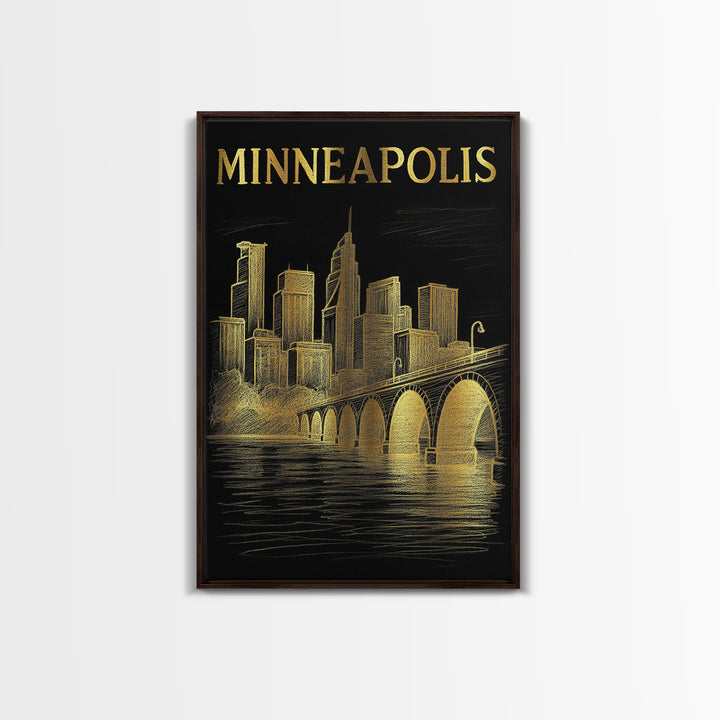 Minneapolis Minnesota Travel Poster, Canvas Print, Black And Gold Line Art, Minneapolis Wall Art, Travel Wall Art, Office Decor