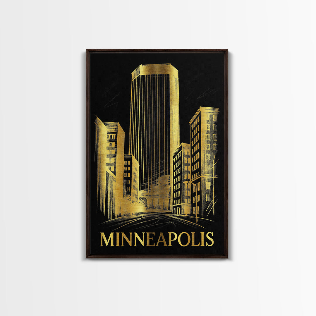 Minneapolis Travel Poster, Framed Canvas Print, Gold Sketch Wall Art, Minneapolis City Art, Gift For Travelers, Travel Wall Decor