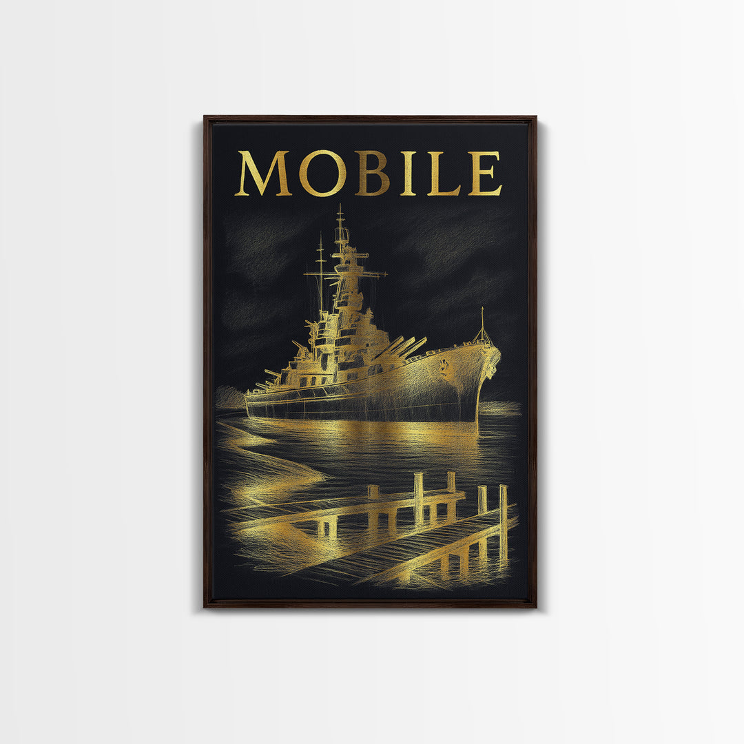 Mobile Alabama Travel Poster, Canvas Print, Black And Gold Line Art, Mobile Wall Art, Vintage City Art, City Illustration, Wall Art