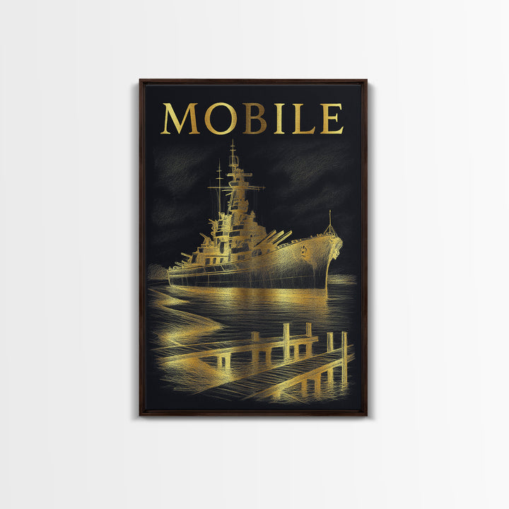 Mobile Alabama Travel Poster, Canvas Print, Black And Gold Line Art, Mobile Wall Art, Vintage City Art, City Illustration, Wall Art