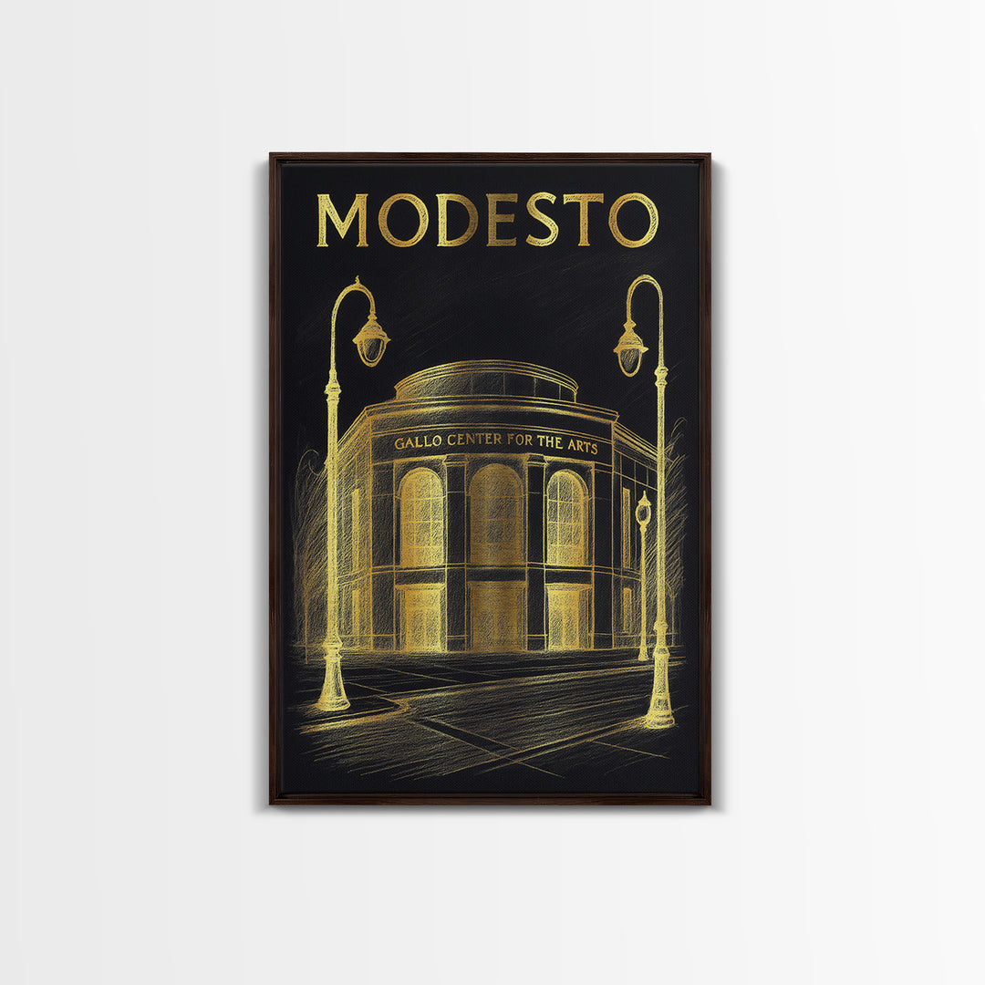 Modesto California Travel Poster, Canvas Print, Gold Sketch Wall Art, Modesto Travel Art, Mid Century Wall Art, Wanderlust Decor, Poster Art
