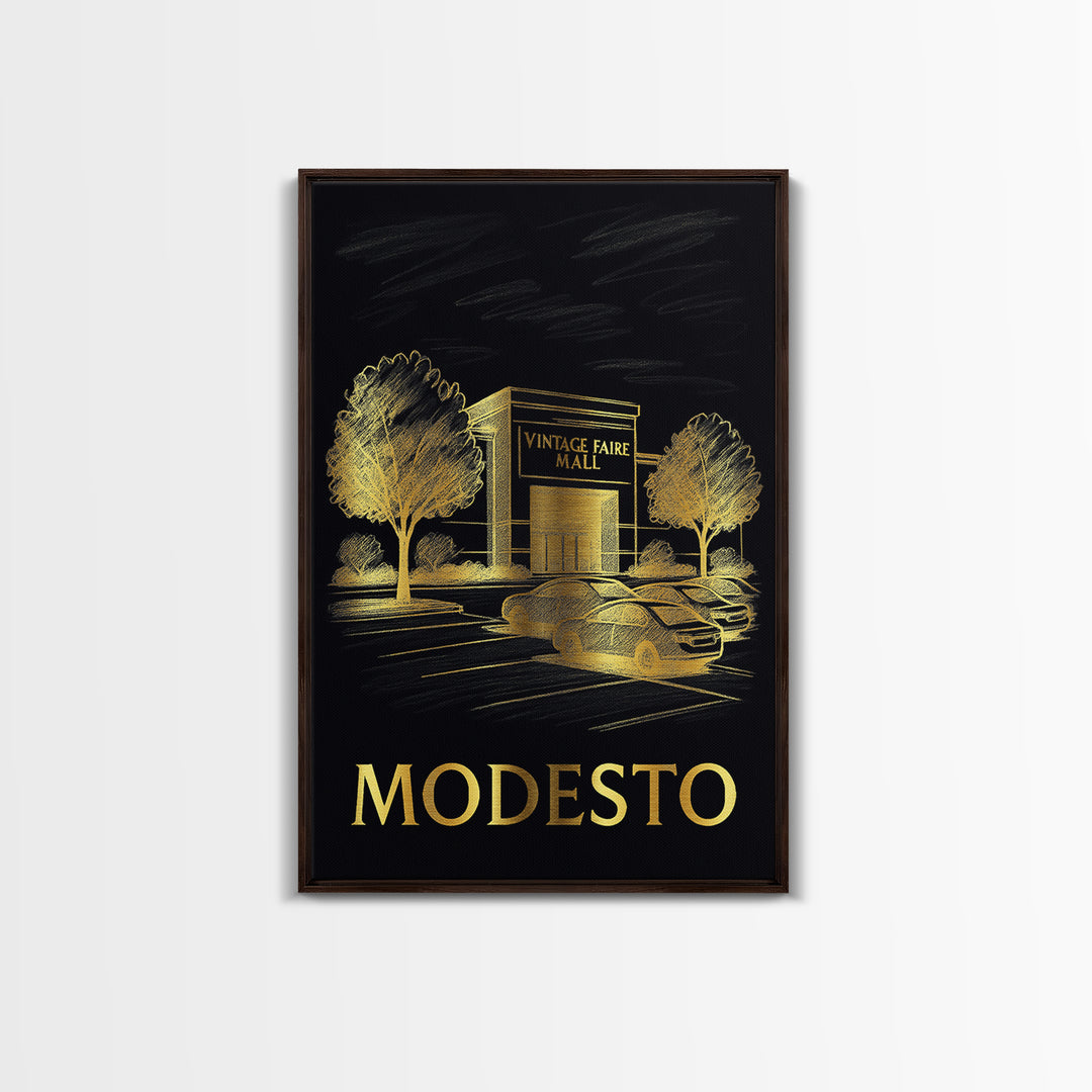 Modesto Travel Poster, Framed Canvas Print, Gold Sketch Wall Art, Modesto City Art, Retro Travel Print, Travel Poster Art, Fine Art Print