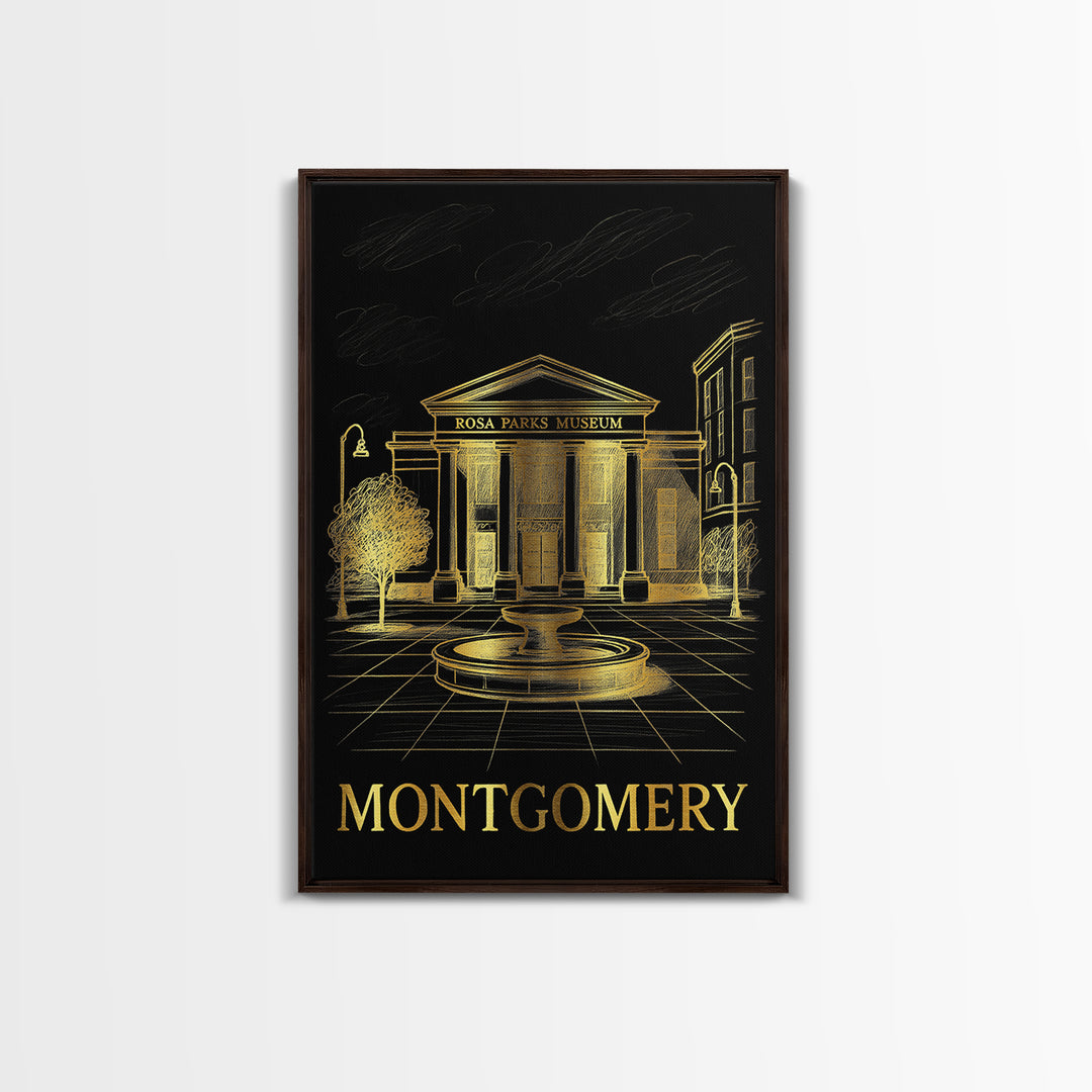 Montgomery Travel Poster, Framed Canvas Print, Gold Sketch Wall Art, Montgomery Art Print, Watercolor Skyline, Wanderlust Decor