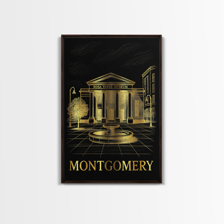 Montgomery Travel Poster, Framed Canvas Print, Gold Sketch Wall Art, Montgomery Art Print, Watercolor Skyline, Wanderlust Decor