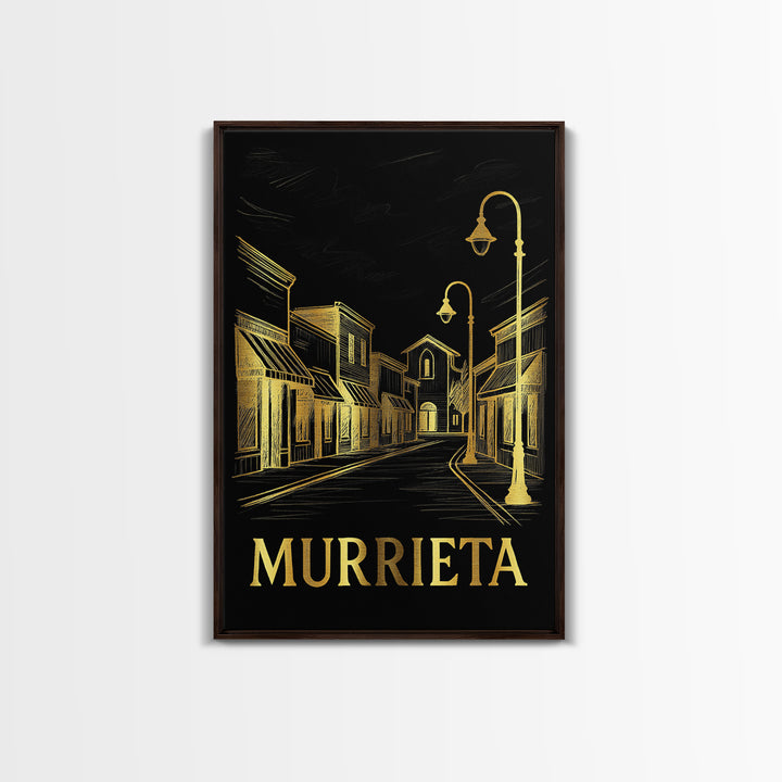 Murrieta Travel Poster, Framed Canvas Print, Gold Sketch Wall Art, Murrieta Poster Print, Mid Century Wall Art, Watercolor Downtown Skyline