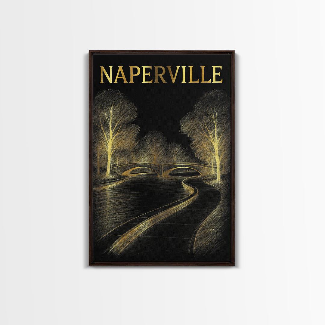 Naperville Illinois Travel Poster, Framed Canvas Print, Elegant Gold City Art, Naperville Art Print, Gift For Travelers, Travel Poster Set