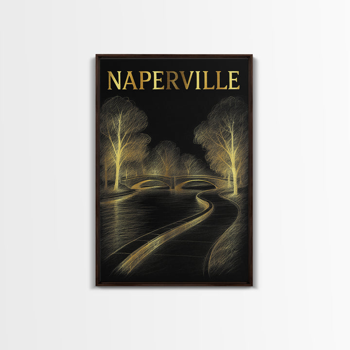 Naperville Illinois Travel Poster, Framed Canvas Print, Elegant Gold City Art, Naperville Art Print, Gift For Travelers, Travel Poster Set