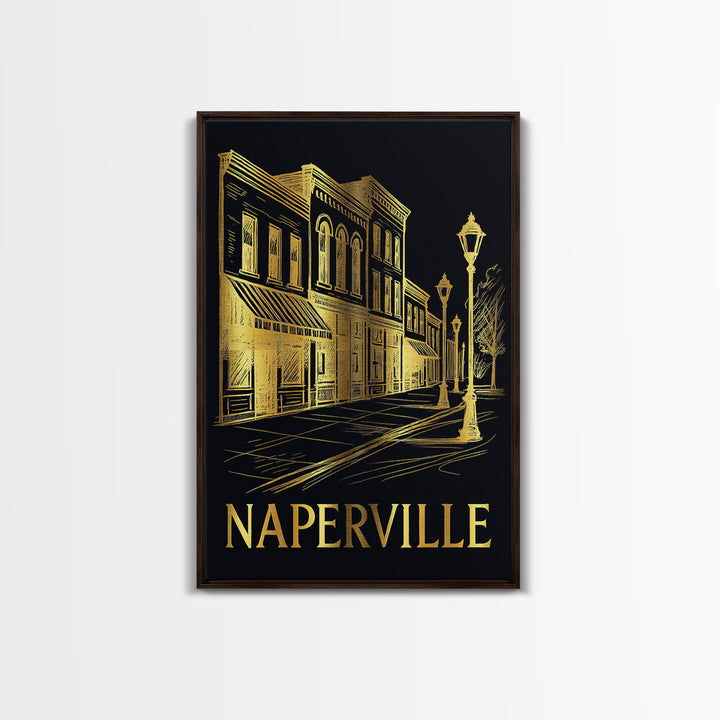 Naperville Travel Poster, Canvas Print, Elegant Gold City Art, Naperville City Art, City Art Print, Watercolor Skyline, City Illustration