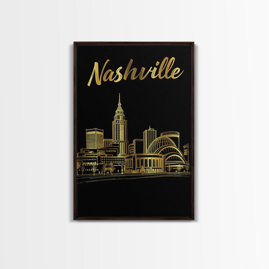 Nashville Travel Poster, Framed Canvas Print, Elegant Gold City Art, Nashville Wall Art, Modern Wall Decor, City Illustration, Wall Art