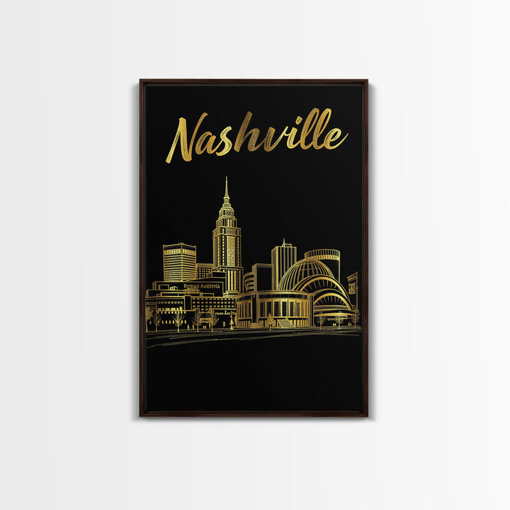 Nashville Travel Poster, Framed Canvas Print, Elegant Gold City Art, Nashville Wall Art, Modern Wall Decor, City Illustration, Wall Art