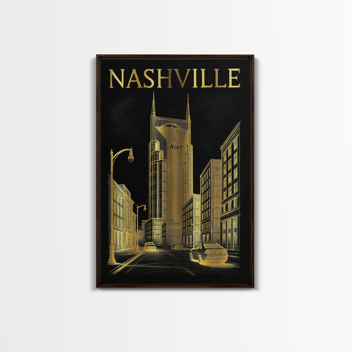 Nashville Travel Poster, Canvas Print, Dark Background Poster Art, Nashville City Art, Wanderlust Decor, Living Room Wall Art, Design 3