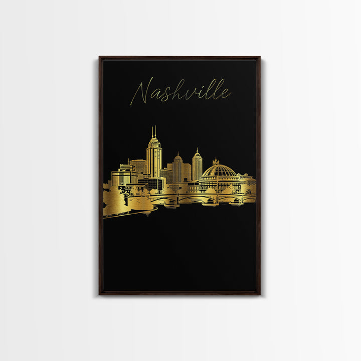 Nashville Travel Poster, Framed Canvas Print, Black And Gold Line Art, Nashville Travel Art, Travel Art Print, Watercolor Downtown Skyline