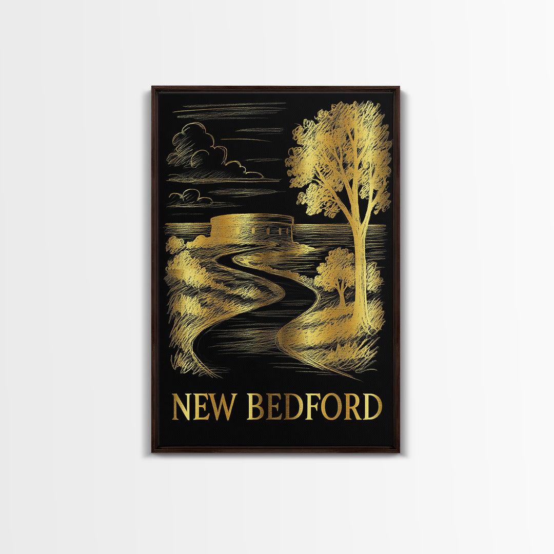 New Bedford Travel Poster, Framed Canvas Print, Elegant Gold City Art, New Bedford Wall Art, City Travel Prints, Gift For Travelers