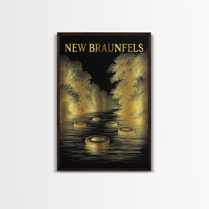 New Braunfels Texas Travel Poster, Canvas Print, Black And Gold Line Art, New Braunfels Art Print, Mid Century Wall Art, Vintage City Art