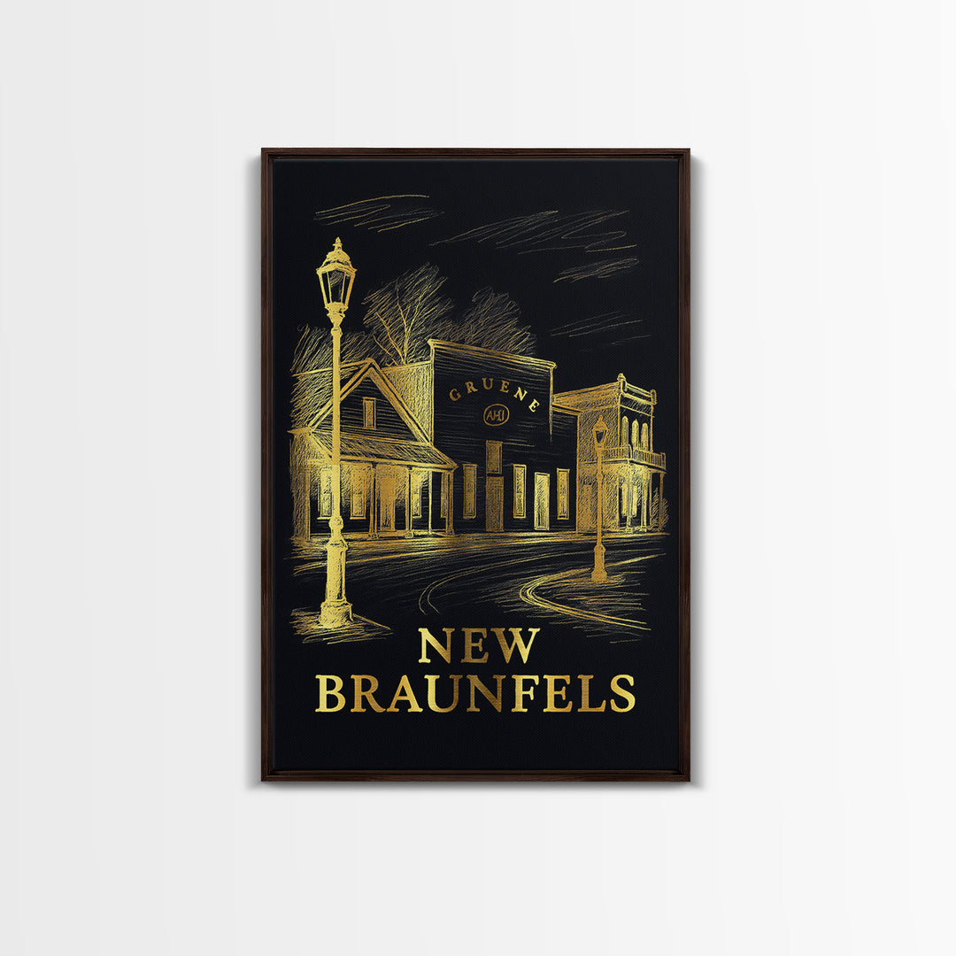 New Braunfels Travel Poster, Framed Canvas Print, Gold Sketch Wall Art, New Braunfels Wall Art, Gift For Travelers, Vintage City Poster