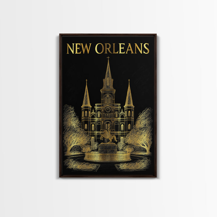 New Orleans Louisiana Travel Poster, Canvas Print, Elegant Gold City Art, New Orleans Poster Print, City Illustration, Home Office Decor