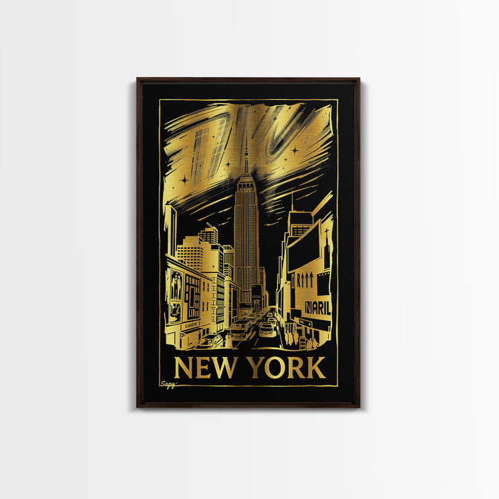 New York Travel Poster, Framed Canvas Print, Dark Background Poster Art, New York Art Print, Retro Travel Print, Travel Poster Art