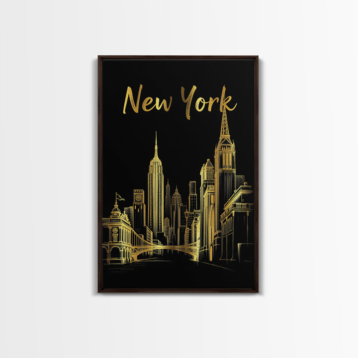 New York Travel Poster, Framed Canvas Print, Elegant Gold City Art, New York Art Print, City Art Print, City Travel Prints, Travel Decor