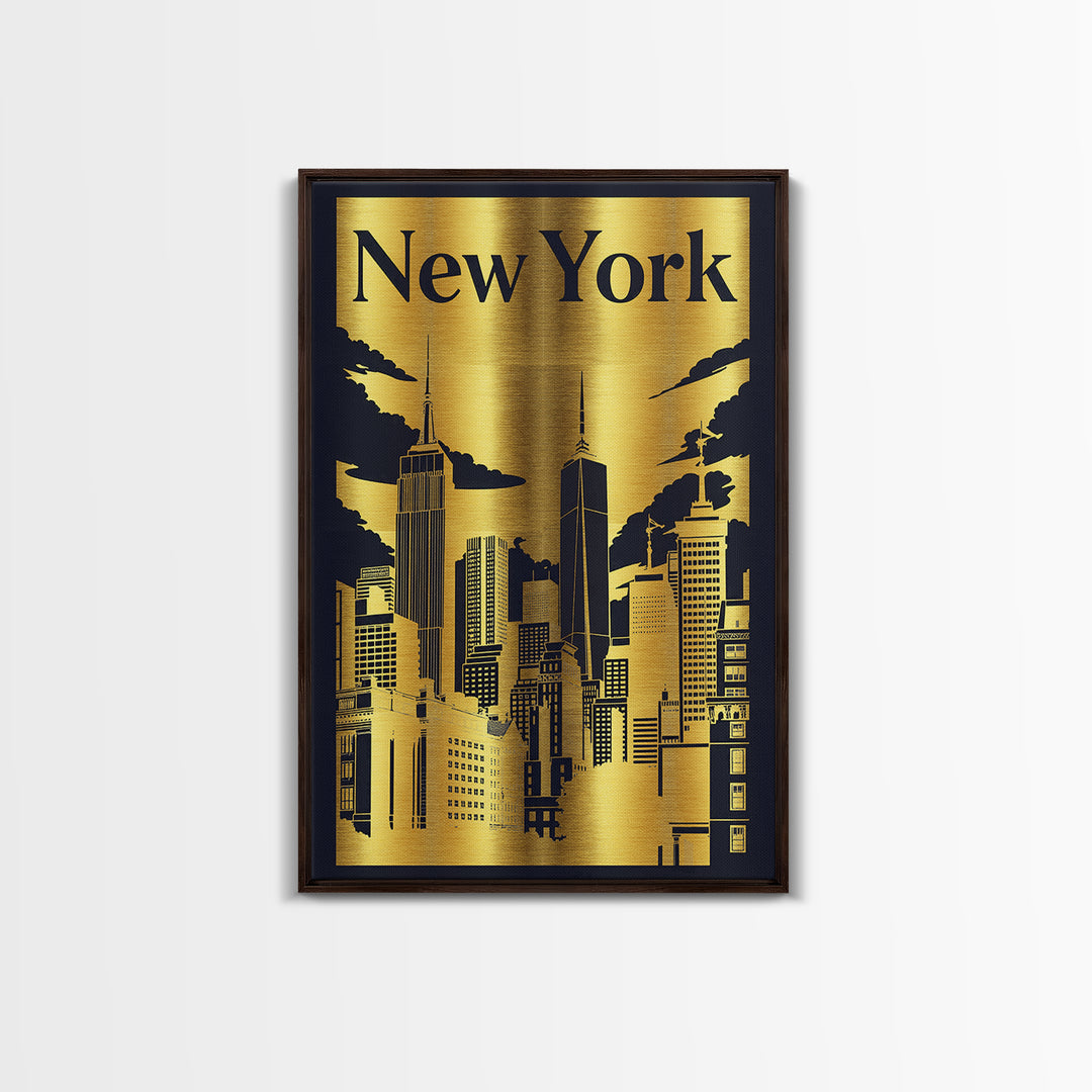 New York Travel Poster, Canvas Print, Black And Gold Line Art, New York Poster Print, Watercolor Skyline, City Illustration, Design 4