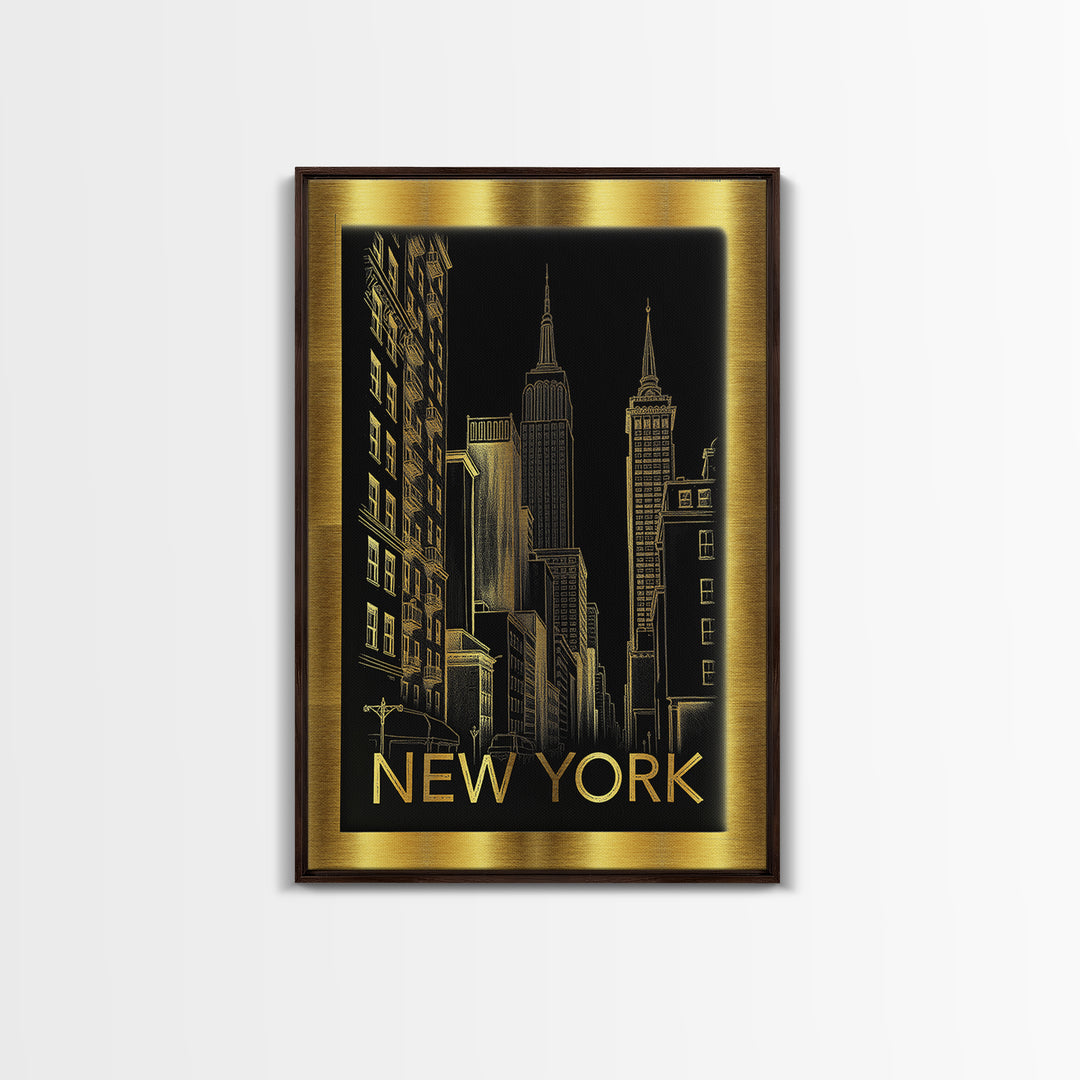 New York Travel Poster, Canvas Print, Black And Gold Line Art, New York Travel Art, City Travel Prints, Travel Poster Set, Travel Wall Art