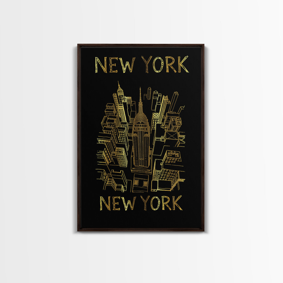 New York Travel Poster, Canvas Print, Black And Gold Line Art, New York City Art, Vintage Travel Art, Mid Century Wall Art, City Art Print