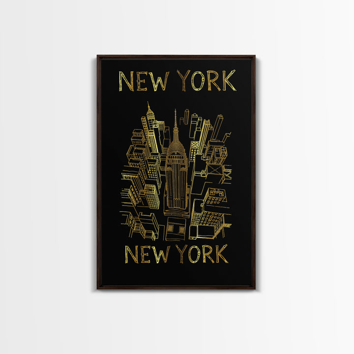 New York Travel Poster, Canvas Print, Black And Gold Line Art, New York City Art, Vintage Travel Art, Mid Century Wall Art, City Art Print