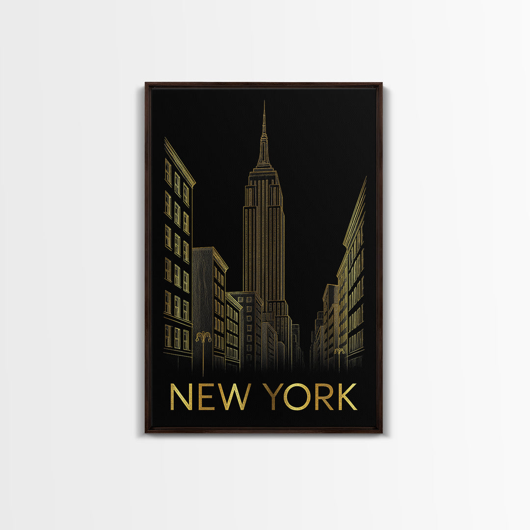 New York Travel Poster, Framed Canvas Print, Black And Gold Line Art, New York Art Print, Fine Art Print, Home Office Decor, Travel Gift