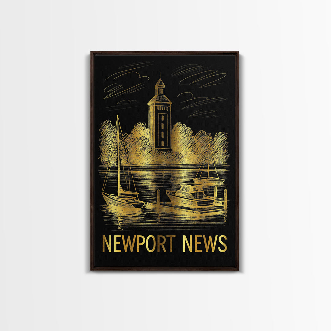 Newport News Travel Poster, Canvas Print, Elegant Gold City Art, Newport News City Art, Travel Wall Decor, City Illustration, Design 2