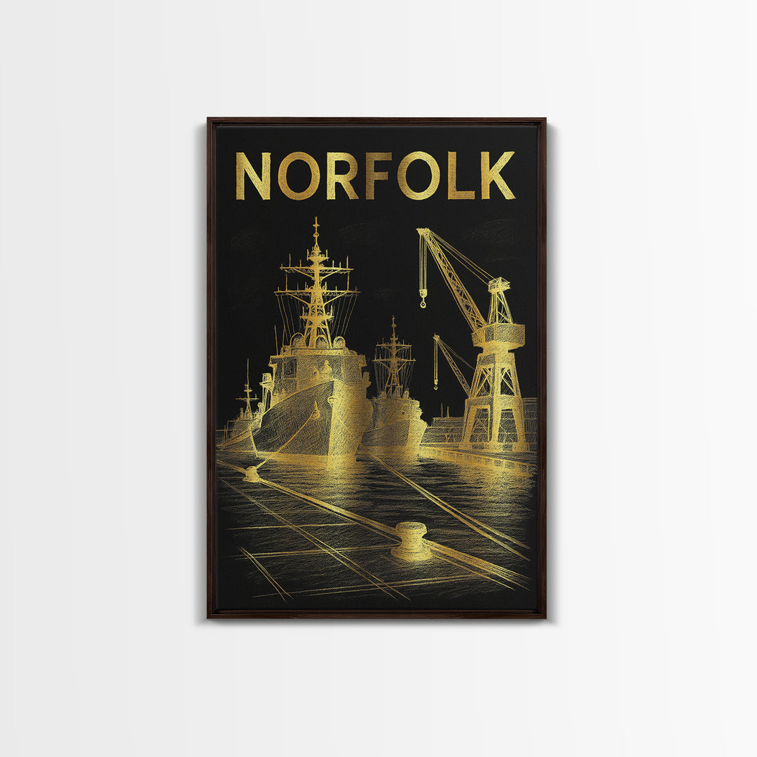Norfolk Virginia Travel Poster, Framed Canvas Print, Elegant Gold City Art, Norfolk Poster Print, Travel Poster Set, Vintage Travel Art