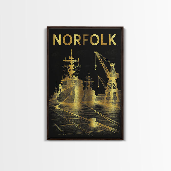 Norfolk Virginia Travel Poster, Framed Canvas Print, Elegant Gold City Art, Norfolk Poster Print, Travel Poster Set, Vintage Travel Art