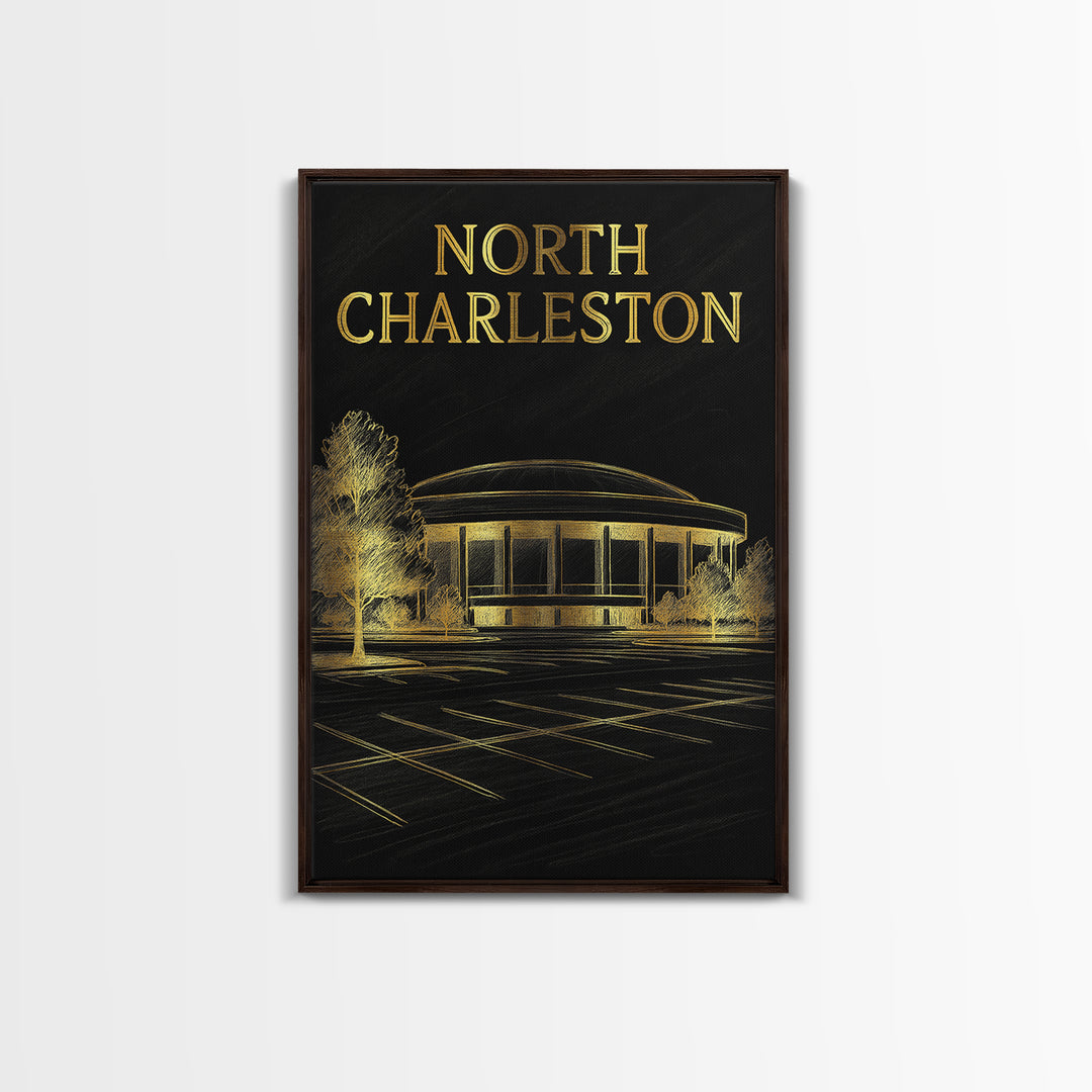 North Charleston Travel Poster, Framed Canvas Print, Black And Gold Line Art, North Charleston Travel Art, Vintage City Art, Poster Art