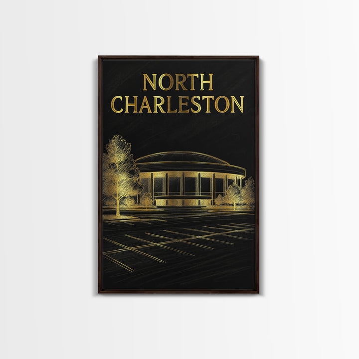 North Charleston Travel Poster, Framed Canvas Print, Black And Gold Line Art, North Charleston Travel Art, Vintage City Art, Poster Art