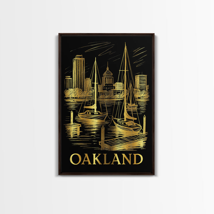 Oakland Travel Poster, Canvas Print, Gold Sketch Wall Art, Oakland Travel Art, Watercolor Downtown Skyline, Travel Poster Set, Travel Art