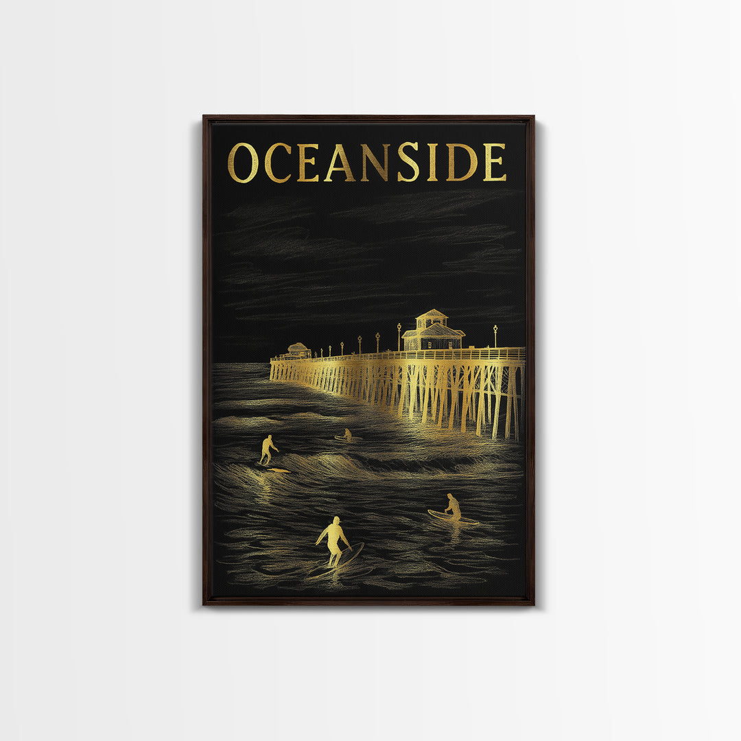 Oceanside California Travel Poster, Canvas Print, Elegant Gold City Art, Oceanside Poster Print, Travel Poster Art, Vintage Travel Art