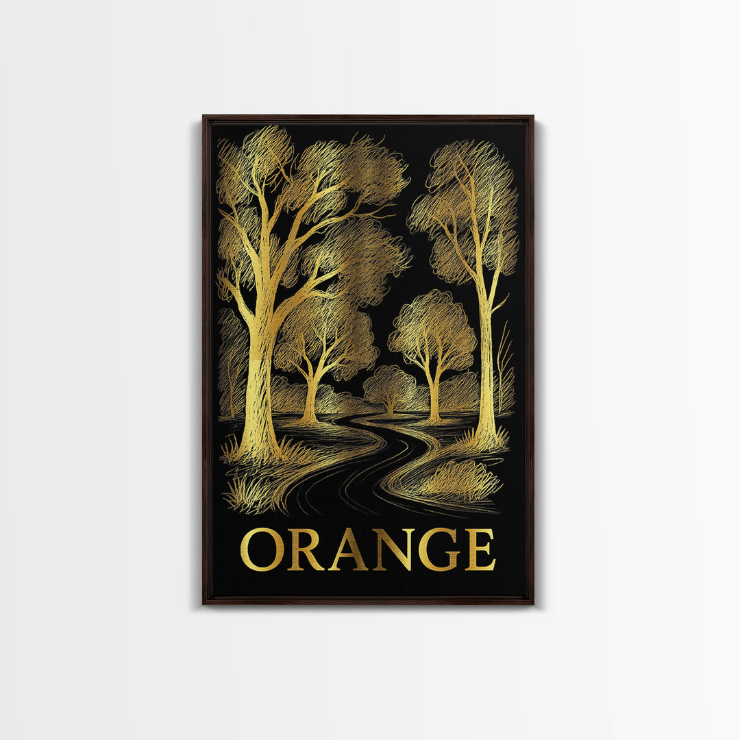 Orange Travel Poster, Canvas Print, Gold Sketch Wall Art, Orange Travel Art, Vintage City Art, Travel Art Print, Living Room Wall Art