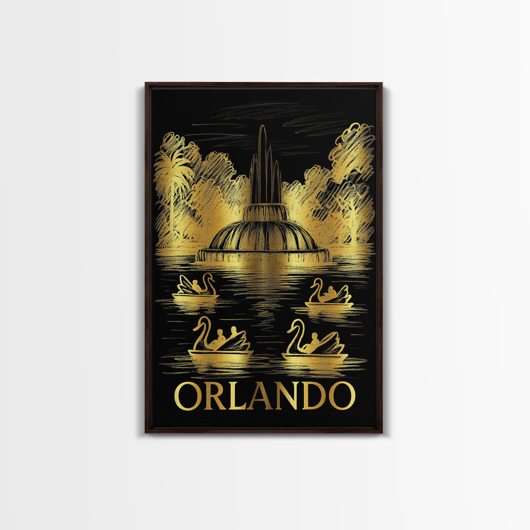 Orlando Travel Poster, Framed Canvas Print, Black And Gold Line Art, Orlando Art Print, Vintage City Poster, City Art Print, Art Print