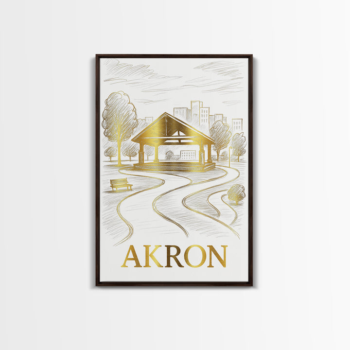 Akron Travel Poster, Framed Canvas Print, Gold Line Drawing Wall Art, Akron City Art, Living Room Wall Art, Travel Wall Decor, Design 2